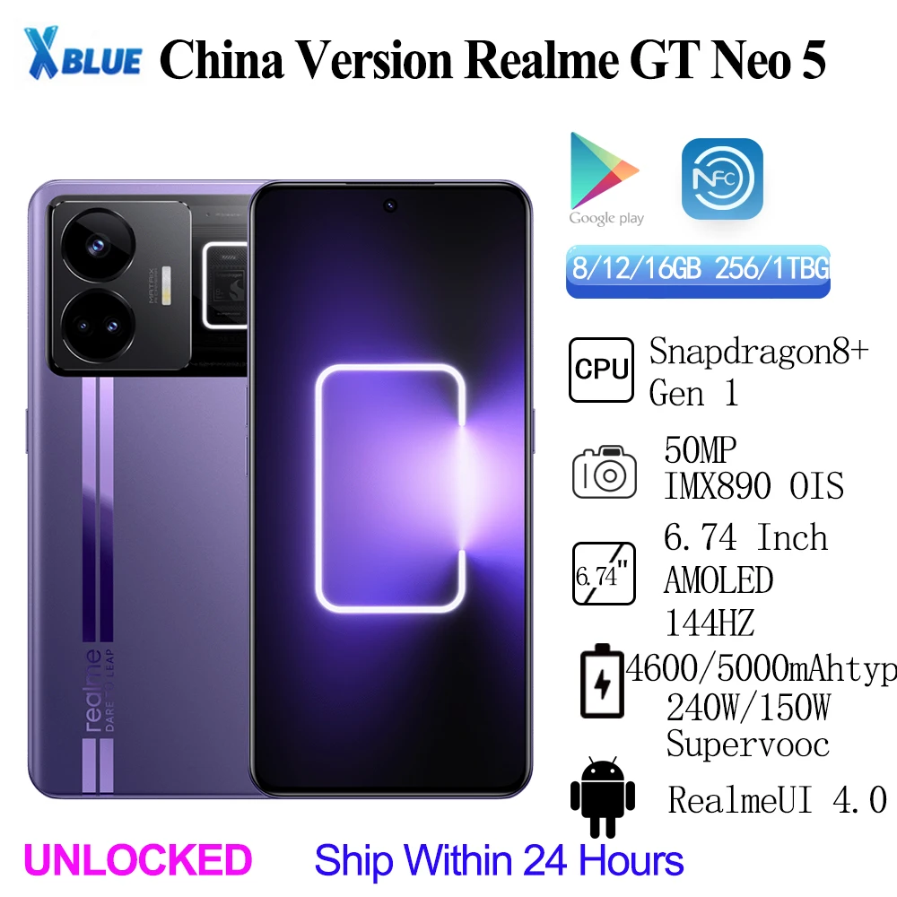 

Original Realme GT Neo 5 Unlocked Snapdragon 8+ Gen1 6.74Inch AMOLED 240/150W Supervooc 4600/5000mAh IMX890 OIS OTA NFC