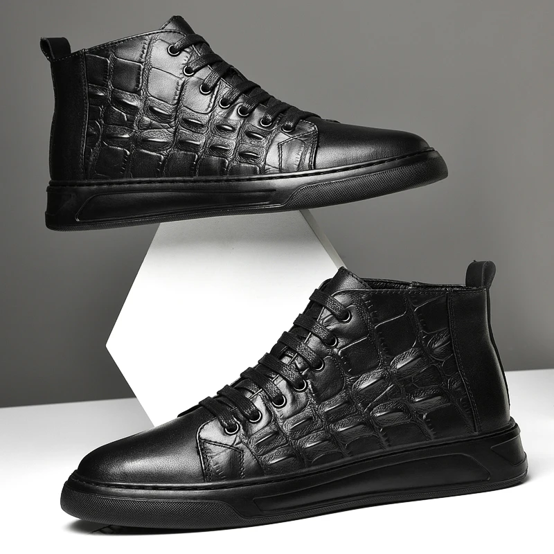 

Genuine Leather Mens Shoes Luxury Brand Casual Men's Ankle Boots British Black Youth Versatile Shoes High Quality Men Sneakers