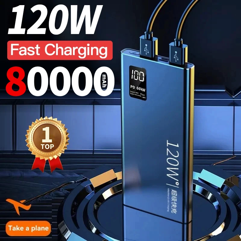 Фото 80000 мАч Power Bank 120 Вт Сверхбыстрая зарядка 100% достаточная емкость Портативное зарядное устройство с цифровым дисплеем для iPhone Xiaomi №1