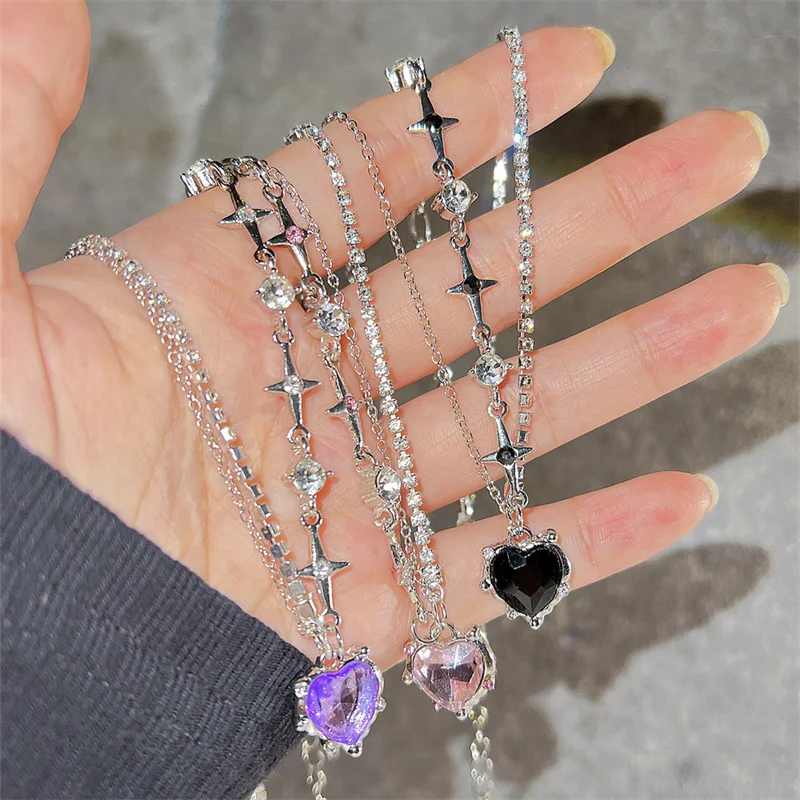 

Y2K Purple Crystal Heart Pendant Necklace Women Sweet Cool Girl Punk Clavicle Chain Fashion Aesthetic Necklace Jewelry Gift