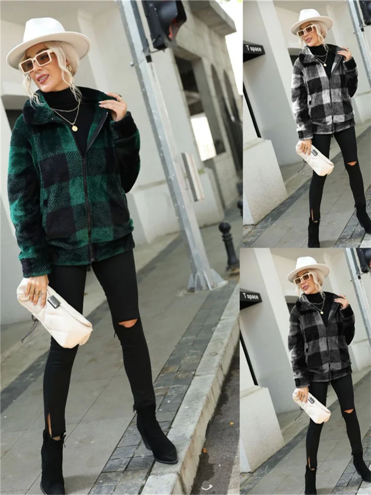 American Autumn and Winter Women's Long Sleeve Stand Collar Plaid Regular Medium Long Comfortable Casual Plush Zipper Fur Coat