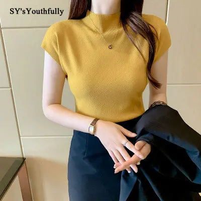 

Оптовая продажа, однотонные трикотажные рубашки с ложным воротником, короткий топ, женская летняя повседневная футболка, базовые высокие эластичные облегающие Простые Топы с коротким рукавом