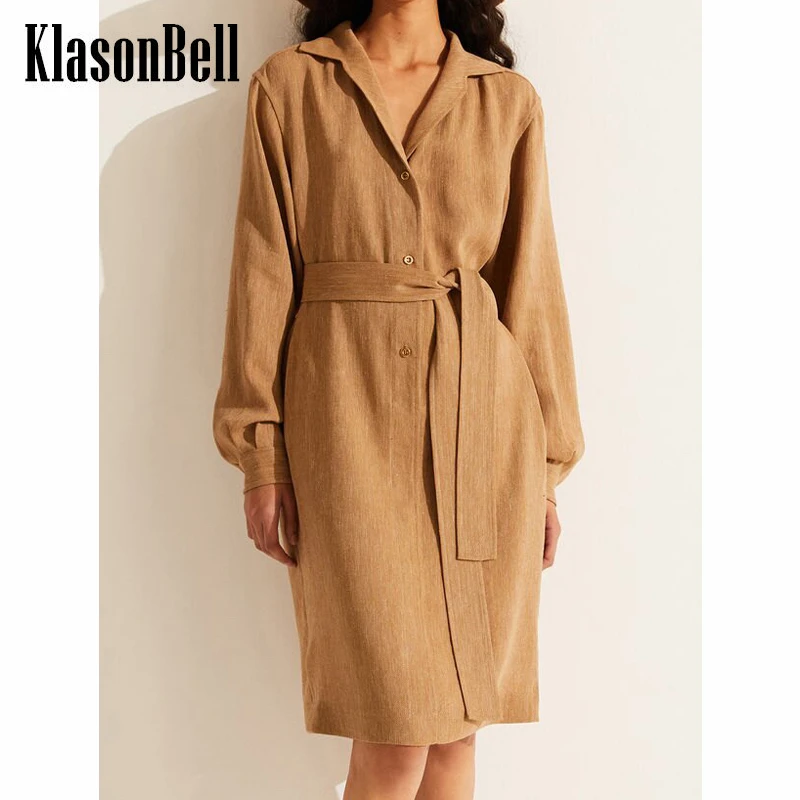 

8.31 KlasonBell Temperament Side Split Linen With Belt Collect Waist Shirt Dress Women