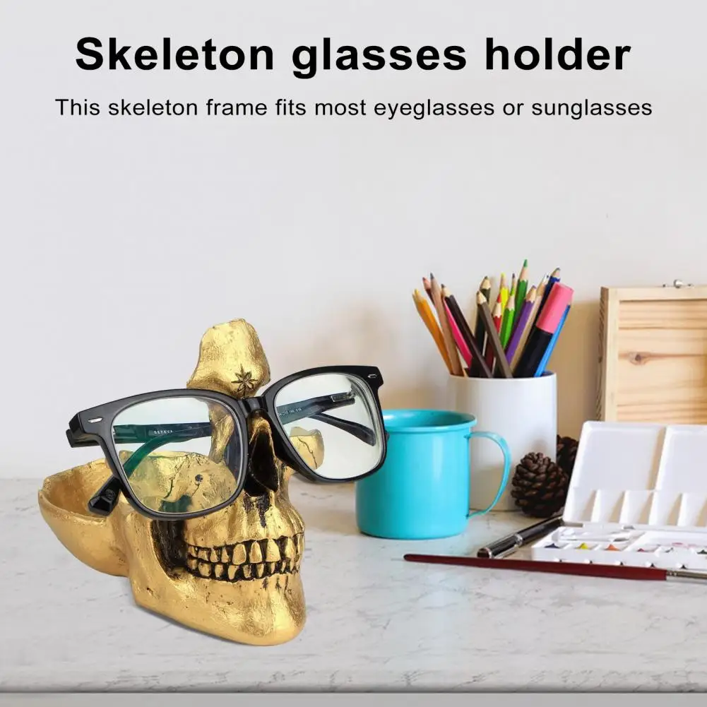 

Skull Glasses Stand Unique Glasses Holder Resin Skull Sculpture Multi-functional Eyeglasses Key Holder with Charm for Halloween