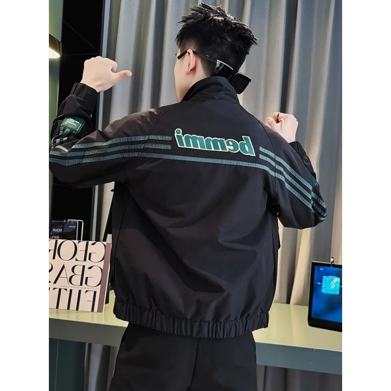 2024 New Autumn clothes Men's Stand Collar Jacket Korean Sle Trendy Handsome Stripe Top Youth All-Match Casual Outerwear