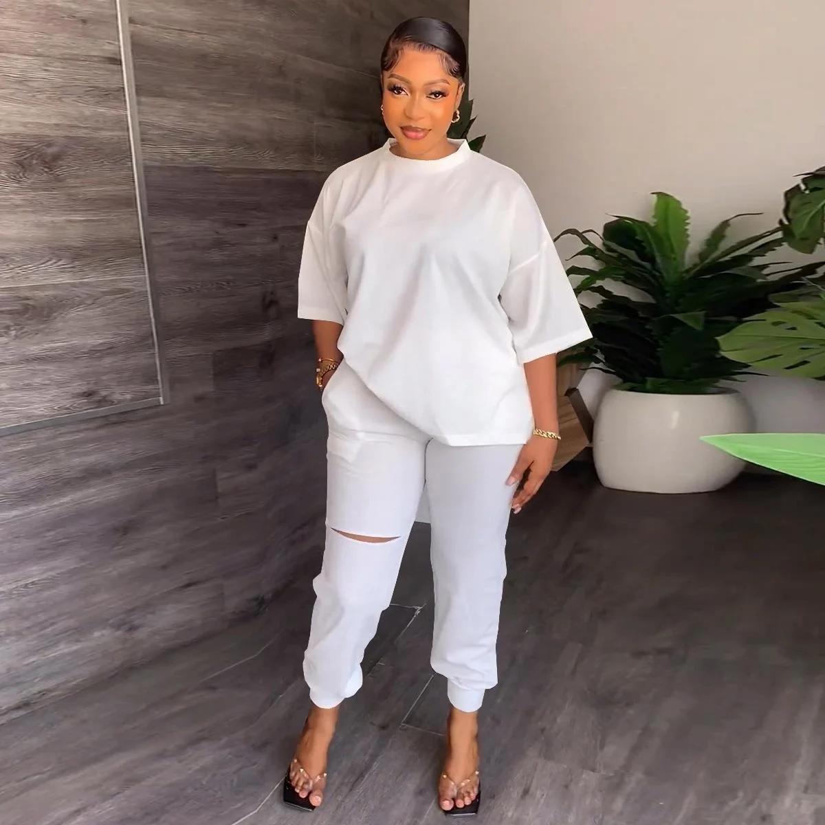 

Женский брючный костюм из двух предметов, повседневный свободный костюм с топом и брюками с двумя карманами, комплект из двух предметов, Жен...