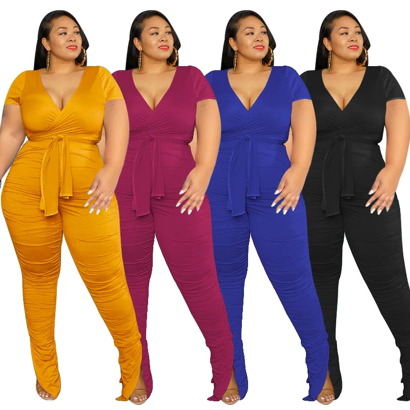 Plus Size Solid Lady Two Piece Set V Neck Short Sleeve Lace Up Top Pencil Pants Elegant Women Suit Streetwear Office Lady Outfit