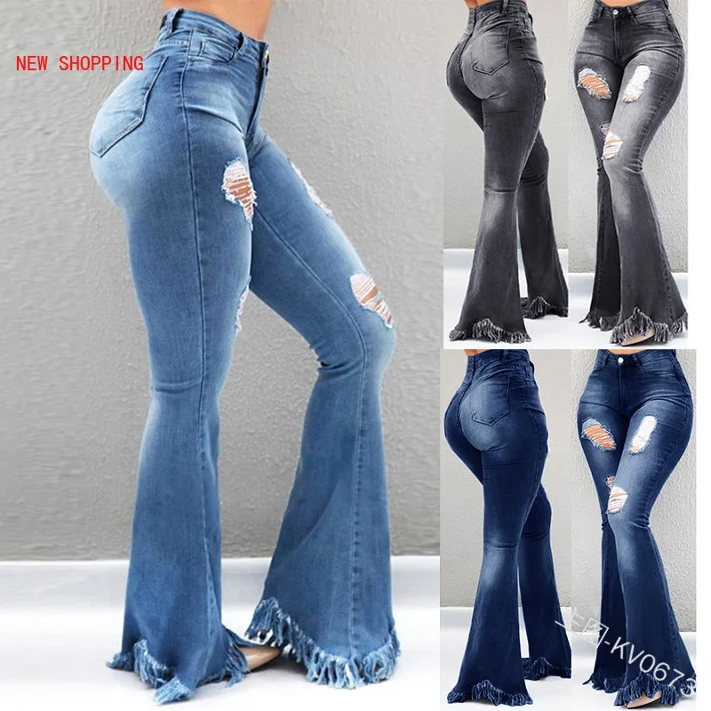 Plus Size Wide Leg Denim Pants  Autumn 2021 High Waist Flare Jeans Black Ripped Female Jeans for Women Skinny Jeans Mom Pants