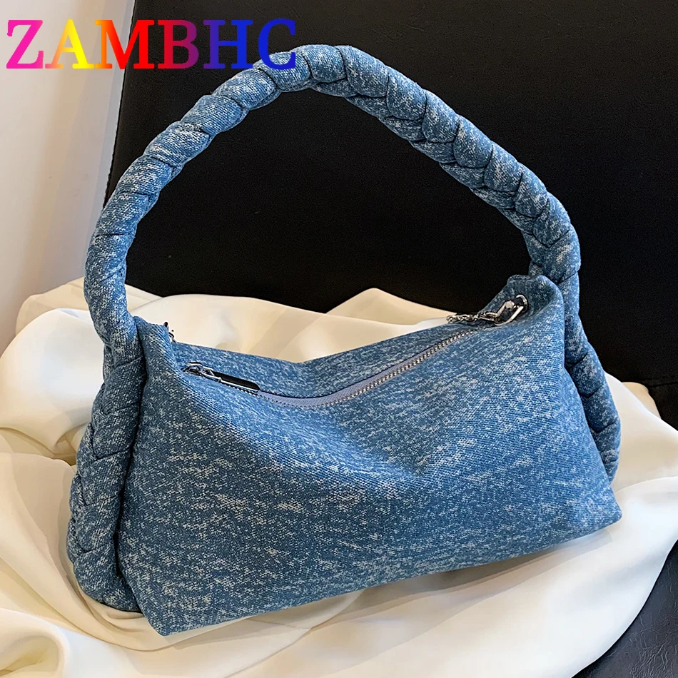 

Fashion Weave Short Handle Pillow Totes Soft Denim Shoulder Crossbody Bags for Women 2023 Trend Female Travel Underarm Handbags
