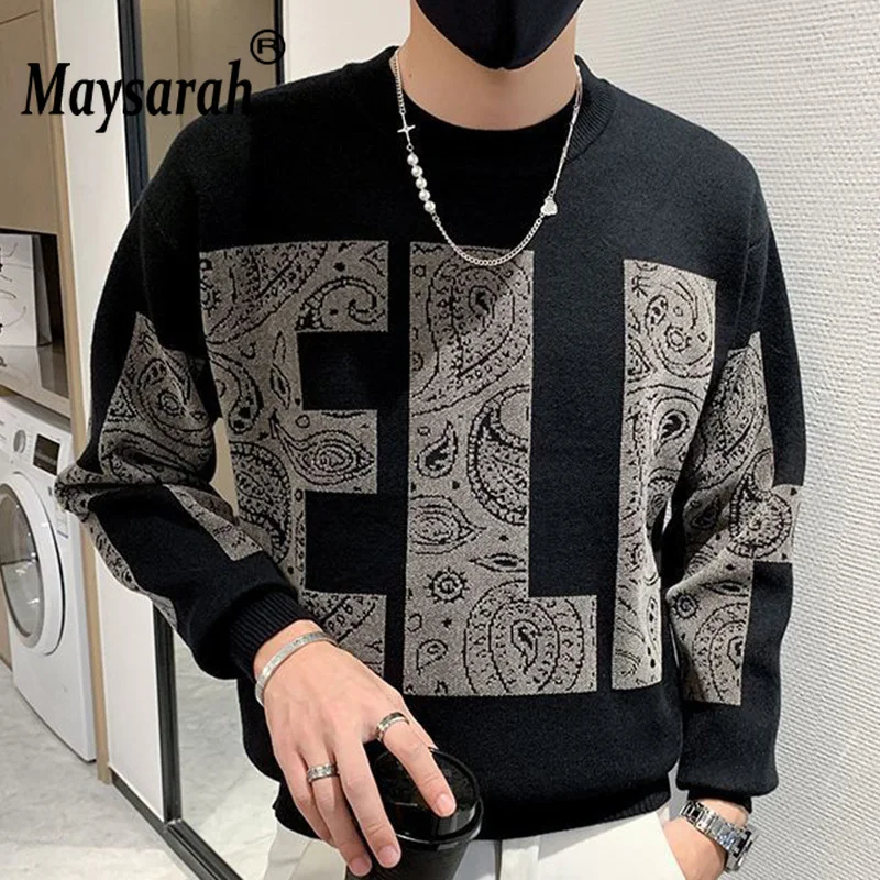

Fashion O-Neck Knitted Spliced Wild Printed Sweater Men's Cloths 2023 Autumn New Casual Pullovers Long Sleeve Korean Tops 02A034
