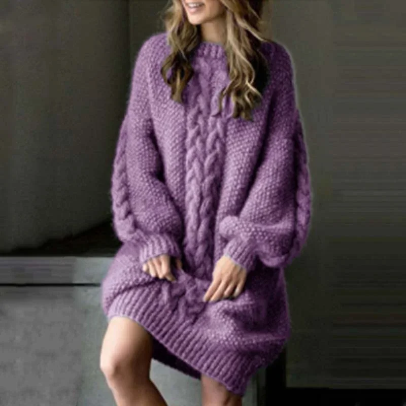

2022 Fashion Women's Knitted Sweater Dress Long Sleeves Solid Color Casual O-Neck Sexy Outfits Pullovers S-5XL New Autumn Winter