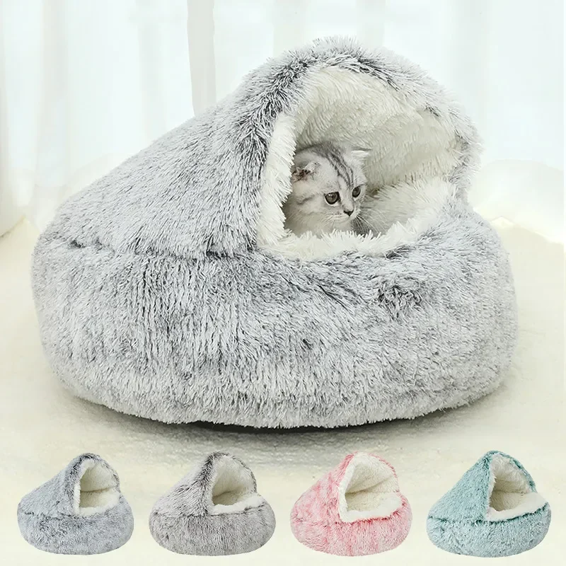 

2023 Winter Long Plush Pet Cat Bed Round Cat Cushion Cat House Warm Cat Basket Cat Sleep Bag Cat Nest Kennel For Small Dog Cat