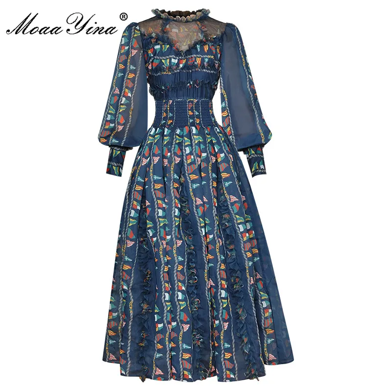 

Модельное платье MoaaYina, летнее женское платье, Сетчатое стильное платье с длинным рукавом-фонариком и винтажным принтом, вечерние платья