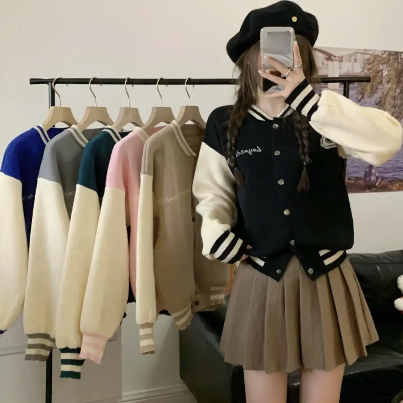 Модный повседневный бейсбольный трикотаж с буквенным принтом вязаный кардиган