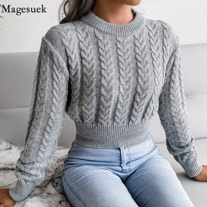 

Autumn and Winter Pullover Women Sweater Fashion Knitted Crop Sweater O Neck Twist Navel Casual Long Sleeve Top Pull Femme 18132