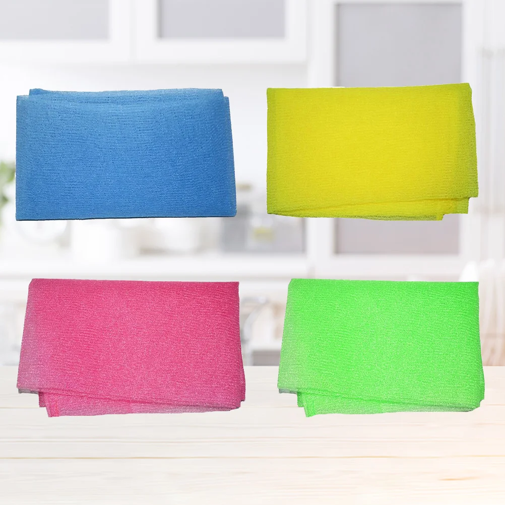 

4pcs Exfoliating Bath Towel Back Rubbing Scrubber Nylon Wash Cloth in Assorted Color(Yellow, Green, Blue and)