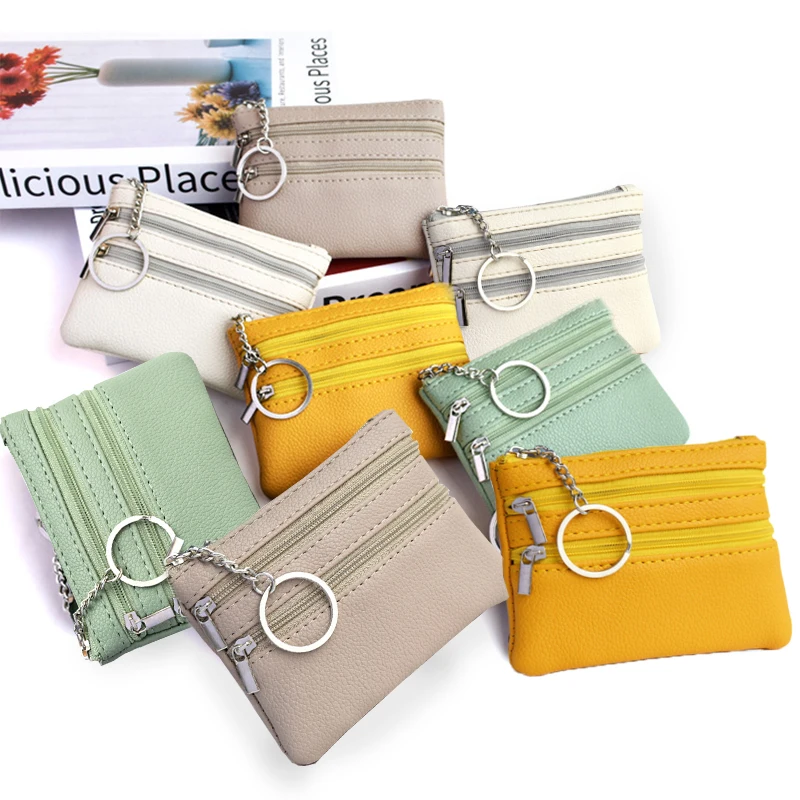 Various Styles Leather Women's Wallet Purse Two/Three Zippers Coin Purse Coin Wallet Keychain Card Cash Holder Change Purse 2023 images - 6