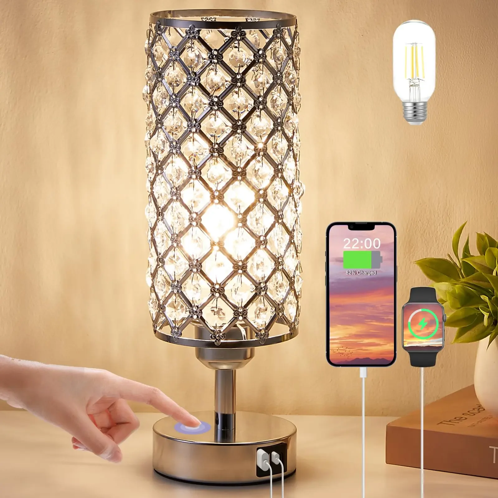 

Silver Crystal Table Lamp Touch Lamp with USB-C+A Ports 3Way Dimmable Bedside Lamps Modern Nightstand Desk Light Home Decorative