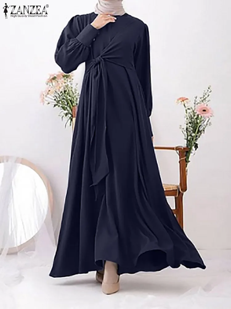 

Винтажный Женский Повседневный Однотонный сарафан-трапеция Jilbab Abaya 2022 с круглым вырезом, элегантный пляжный мусульманский хиджаб ZANZEA, плат...