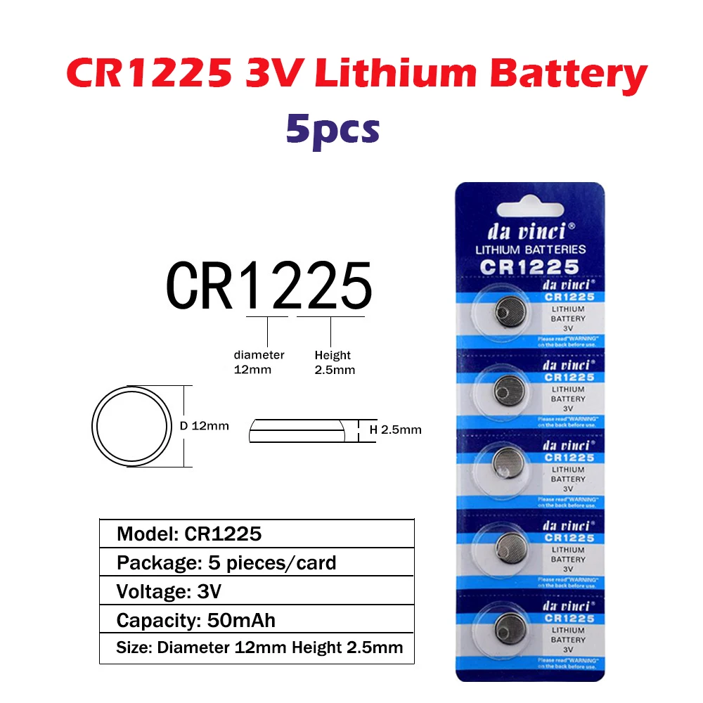 

CR1225 5Pcs=1Card Lithium 3V Button Battery 50mAh LM1225 BR1225 KCR1225 Cell Cion Batteries For Watch Electronic Toy Remote