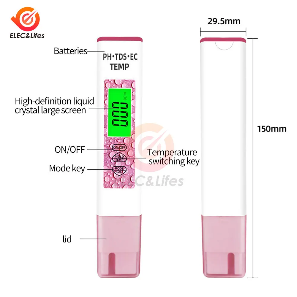 4 в 1 водонепроницаемый TDS/EC/температурный/PH-метр цифровой тестер качества воды с