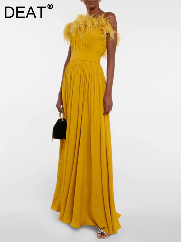 

Женское облегающее платье [DEAT], черное элегантное вечернее платье без бретелек с перьями, 13DB823, весна 2023