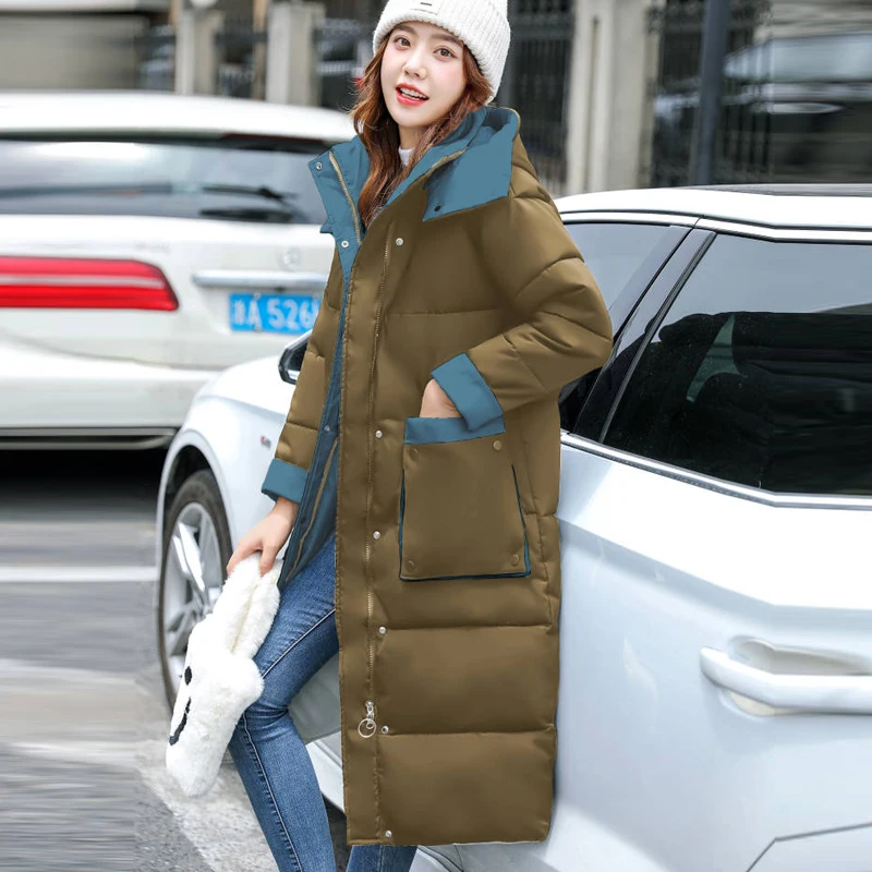 Patchwork Long Puffer Jacket with Hood for Women Winter Fashion Trends Clothing Office Ladies Bubble Coat Casual Warm Streetwear