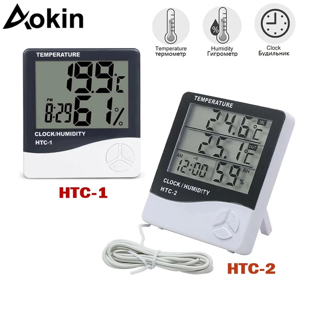 

New LCD Electronic Digital Temperature Humidity Meter Thermometer Hygrometer Indoor Outdoor Weather Station Clock HTC-1 HTC-2