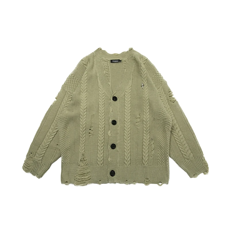 

Hemp sweater men and women loose couple cardigan tattered design knitted coat