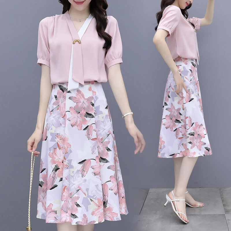 

Fashion Elegant Floral Skirt 2 Piece Set Women Summer 2022 V-Neck Ribbon Short Sleeve Shirt + High Waist Print Skirt Office Suit