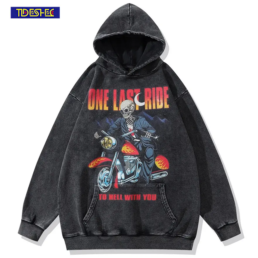 

Harajuku Fashion 2023 Men Hip Hop Skull Motorbike Print Washed Hoodie Sweatshirt Streetwear Hoodie Pullover Cotton Winter Autumn