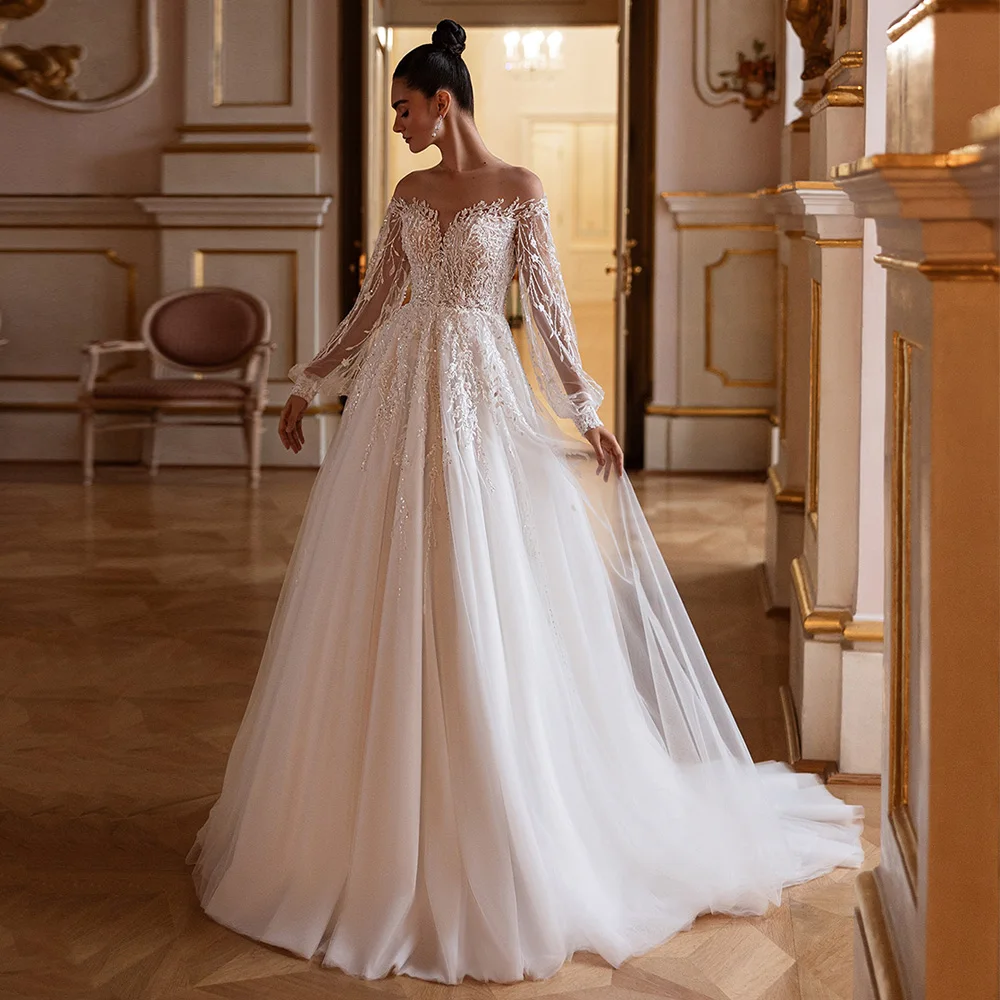 Фото Свадебное платье Vestidos De Novia, прозрачное свадебное платье с длинными рукавами и блестящей аппликацией из бисера, свадебное платье со шлейфом для невесты №4