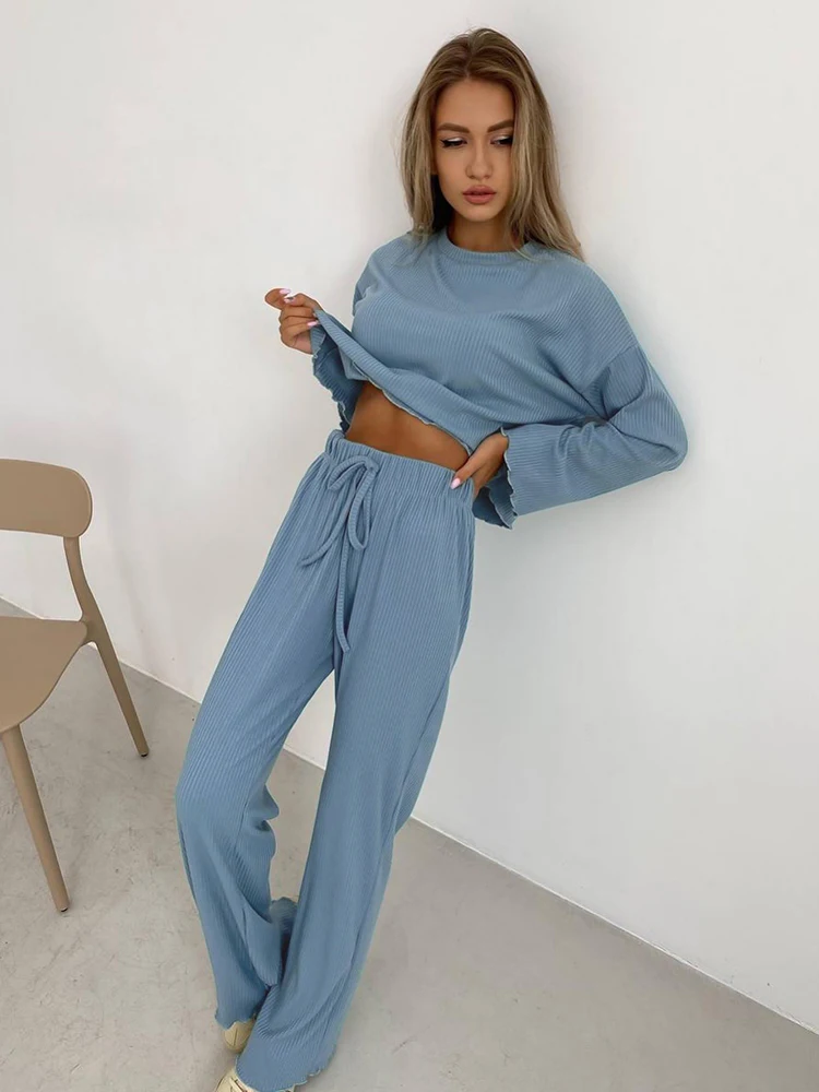 

Ribbed Sleepwear Knitted Full Sleeve Pajama Sets Round Neck Casual Loungewear 2023 Spring Winter Solid Color Trouser Suits