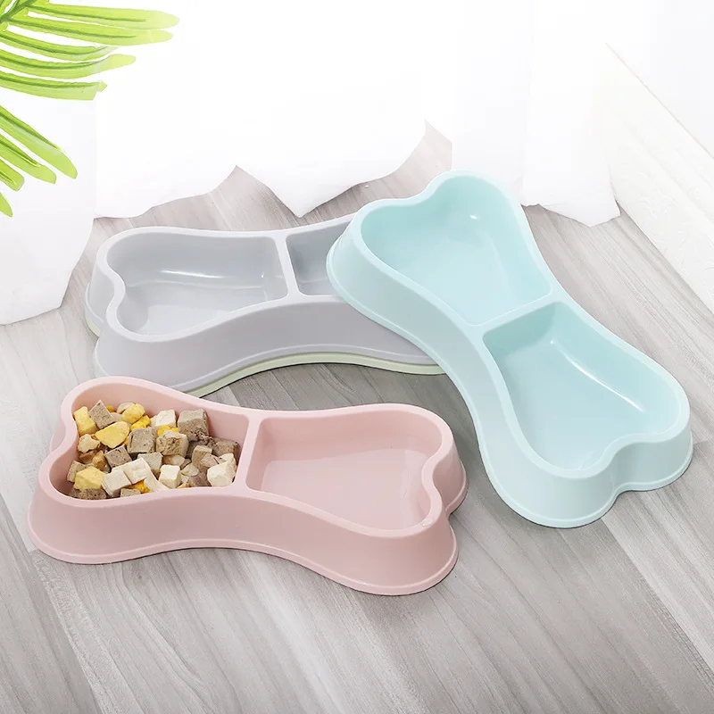 

Water Fountain Dog Double Bowl Feeder Cat Food Dog Bowls and Drinkers Candy Colored Thickened Plastic Bone Shape Pet Accessories