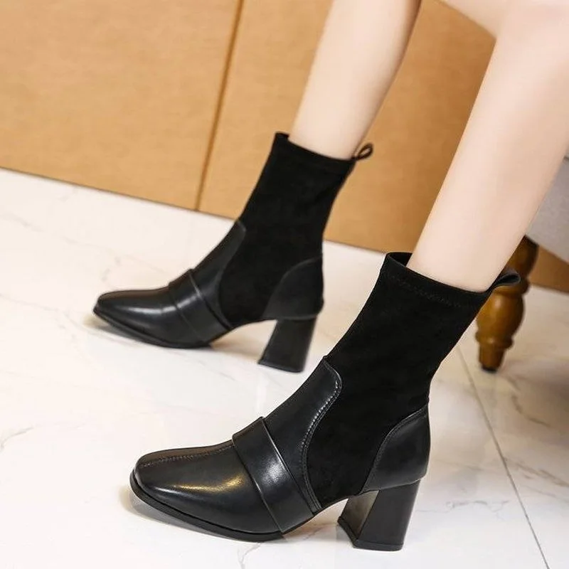 

New Autumn Winter Mid Calf Boots Women Thick Heels Square Toe Patchwork Sock Boots Ladies Fashion Comfort Knitted Elastic Shoes