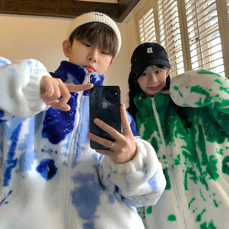 Winter Jacket Men Warm Fashion Tie Dye Thicke Lamb Wool Jackets Mens Streetwear Korean Loose Oversized Short Coat Men Clothes