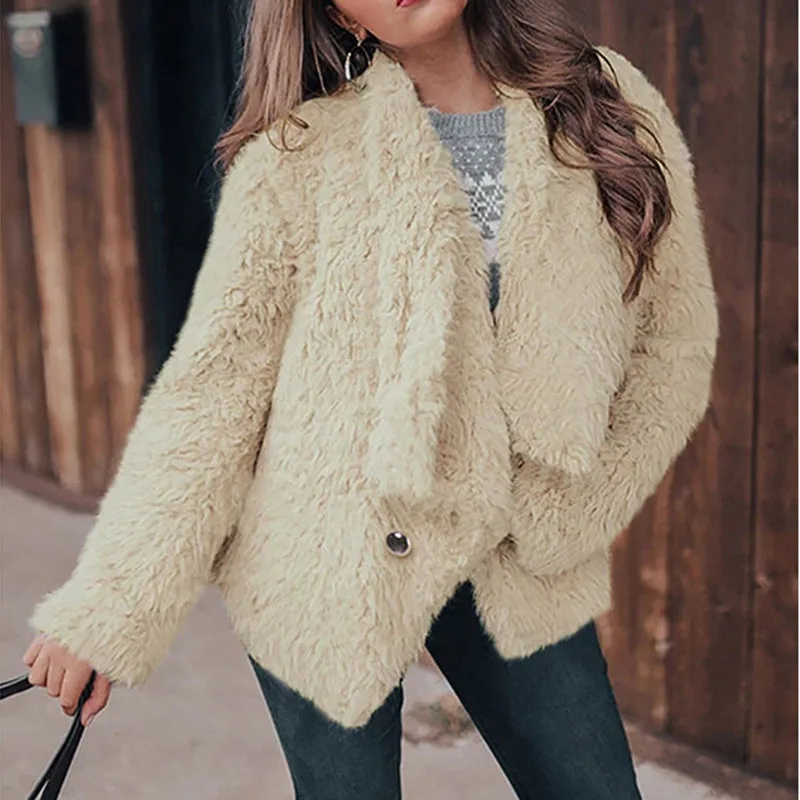 Thick Faux Fur V Neck Collar Plush Overcoat Jackets Women Teddy Jacket Solid Color Button Casual Warm Outerwear Tweed Coat mujer
