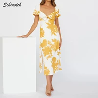 schinotch 2022ss women dress floral printed v neck elegant long dress fashion split big swing ladies maxidress clothes