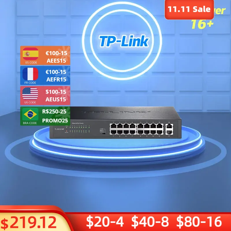 

TP-Link 18 Port Full Gigabit 16-port 1G 1000Mbps PoE Switch Wireless AP Power Supply IP Camera Poe Ethernet Switch Giga