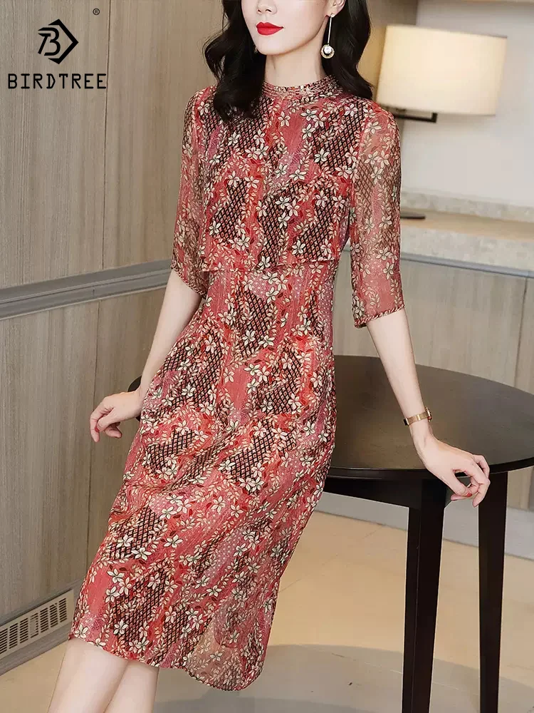 

Birdtree 100%Mulberry Silk Elegant Party Dresses Women's Flower Print Half Sleeve Slim Office Lady Fashion Dress Autumn D3D114QM