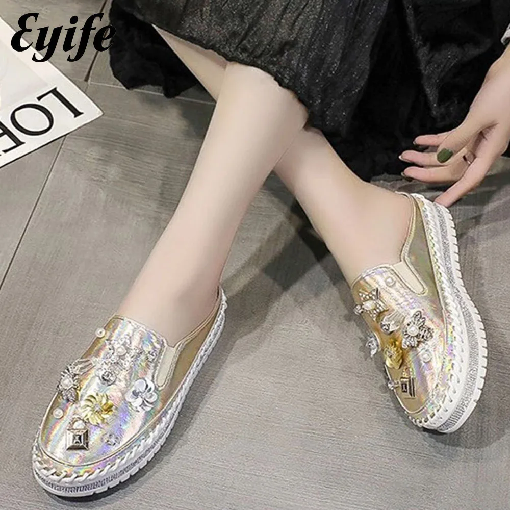 

2022 Women's Mules Summer New Sequin Pearl Ladies Slingback Closed Toe Sandals 35-44 Large-Sized Home Office Comfy Flat Slippers