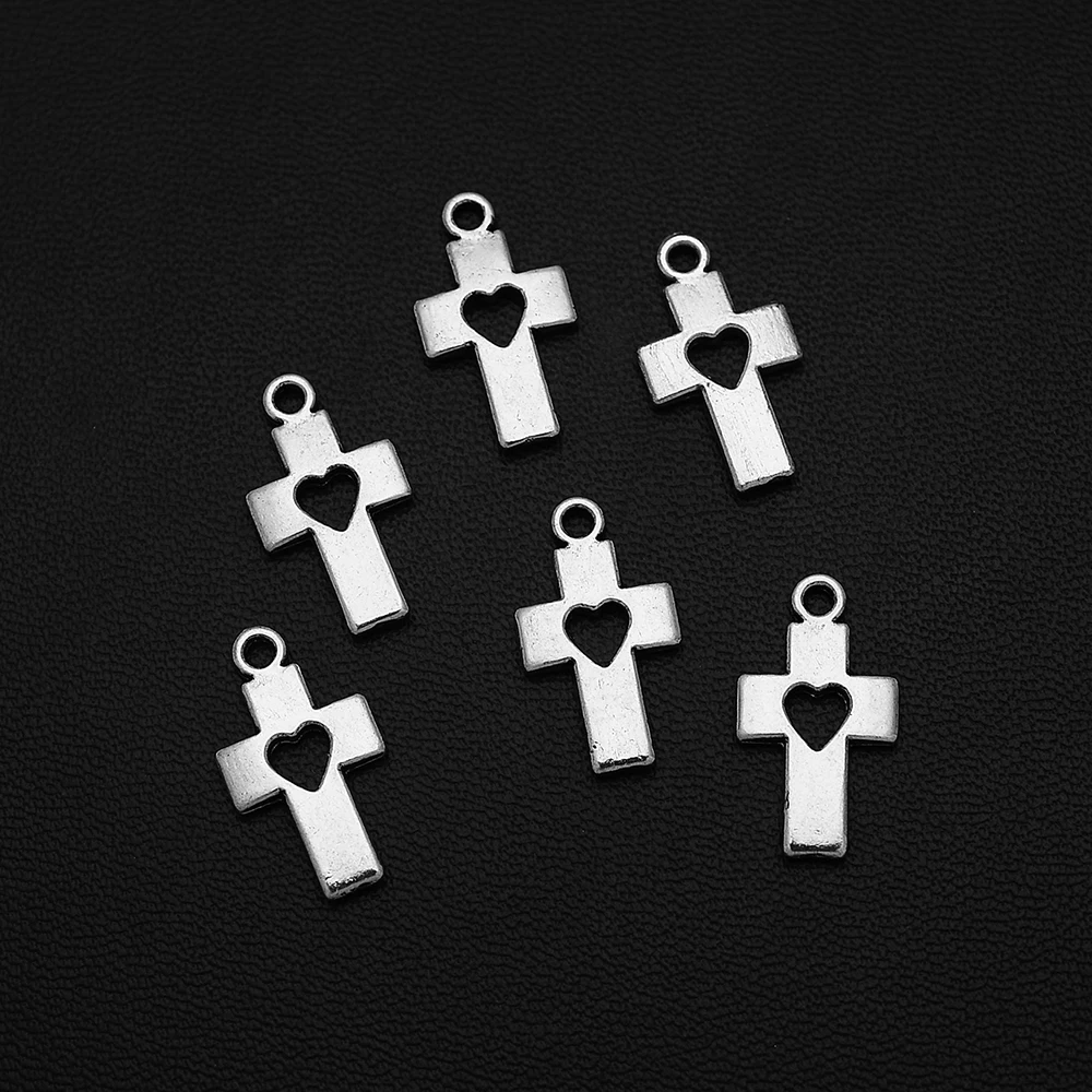 

20pcs/Lots 10x19mm Antique Silver Plated Cross Symbol Charms Heart Hollow Pendants For Diy Creation Jewelry Making Accessories