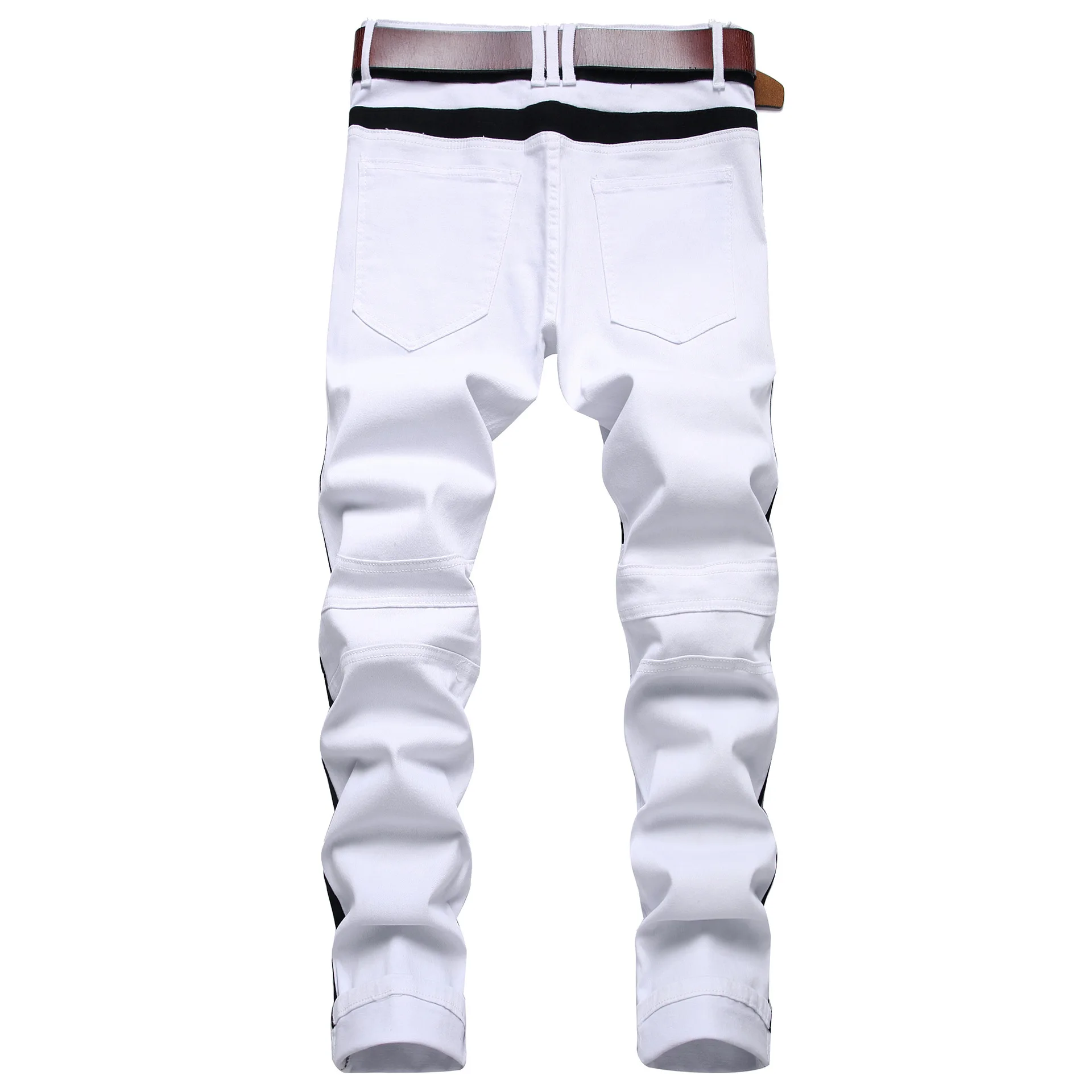 Ripped Jeans Mens Patchwork Pencil Pants White Skinny Jeans Zip Fly Mid Waist Denim Trousers for Men Stretch Hip Hop Jeans