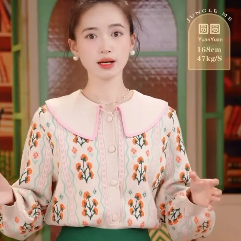 Осень и зима новый кукольный воротник милый вязаный свитер кардиган цветок