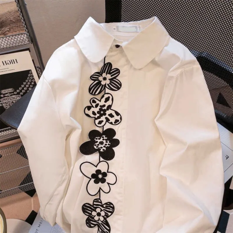 

Women's Shirt 2023 Spring Summer New Chic and Elegant Tops Transparent Mesh Embroidered Flower Blouses Off White Clothing