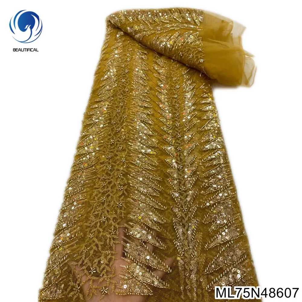 

Luxury Gold Sequins French Fabric High Quality Tulle 5 Yards Handmade Beaded Nigerian Lace For Woman Party Dress ML75N486
