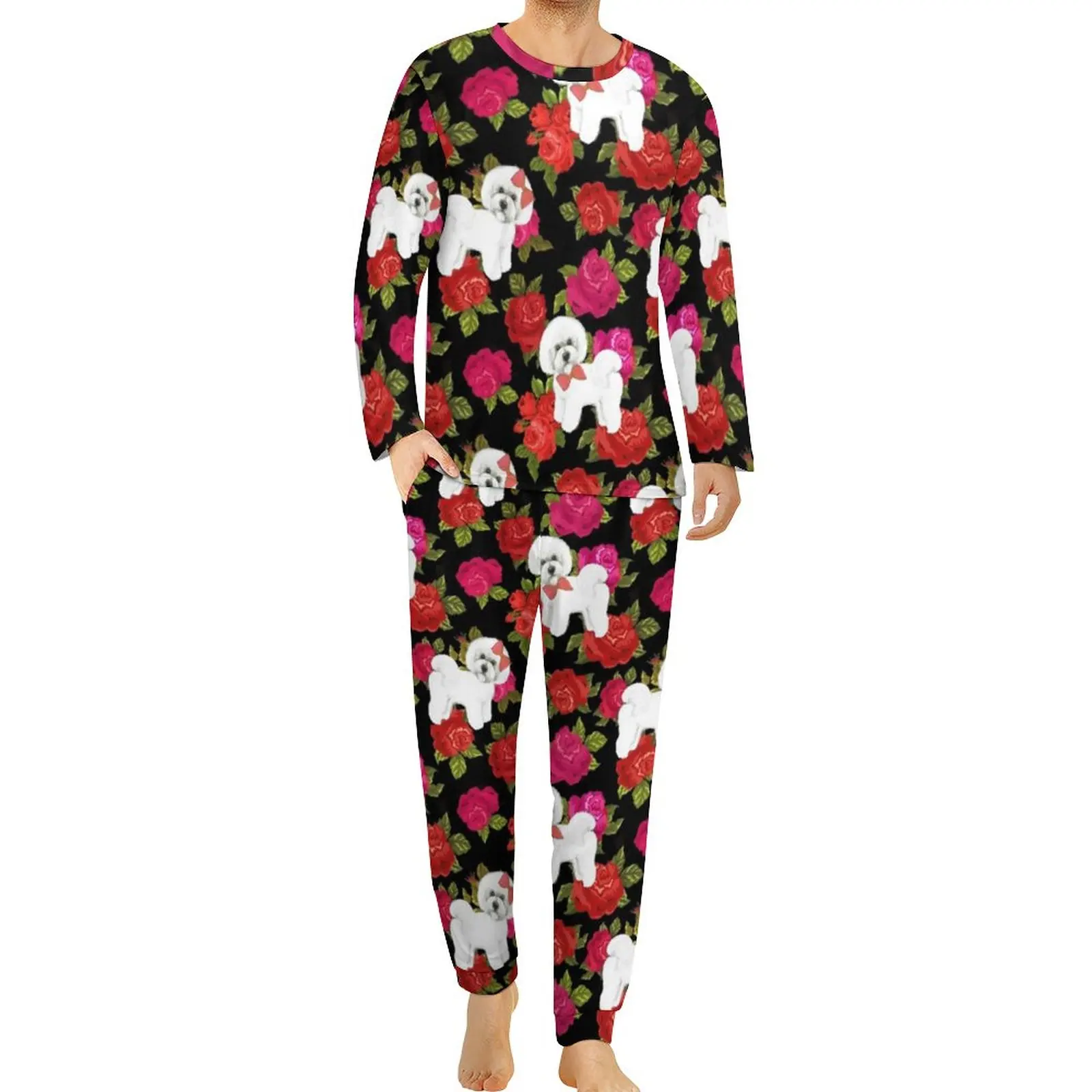 

Пижама с изображением собаки, пуделя, розы, цветок, с длинным рукавом, милые пижамные комплекты из двух предметов, ночная зимняя Пижама с узором, подарок