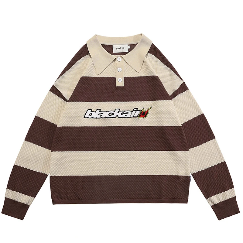 

2022 SS Unisex Oversize Couple Striped Sweaters Tops Men Letter Embroidery Knitwear Male Long Sleeve Polo Collar Botton Pullover