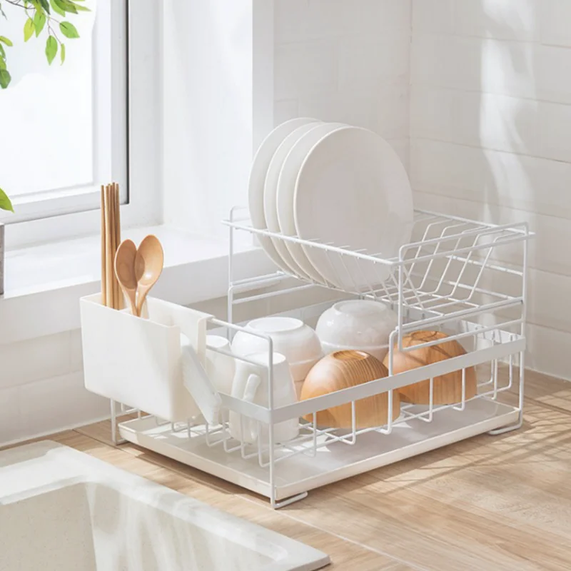 

Dish Drying Rack with Drainboard Drainer for Home Black White 2-Tier Kitchen Light Duty Countertop Utensil Organizer Storage