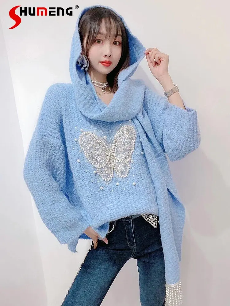 Women's Fall Winter New Korean Style Fashion Sweet Knitted Top Ladies Ladies Fairy Beads Bow Loose Slimming Pullover Sweater